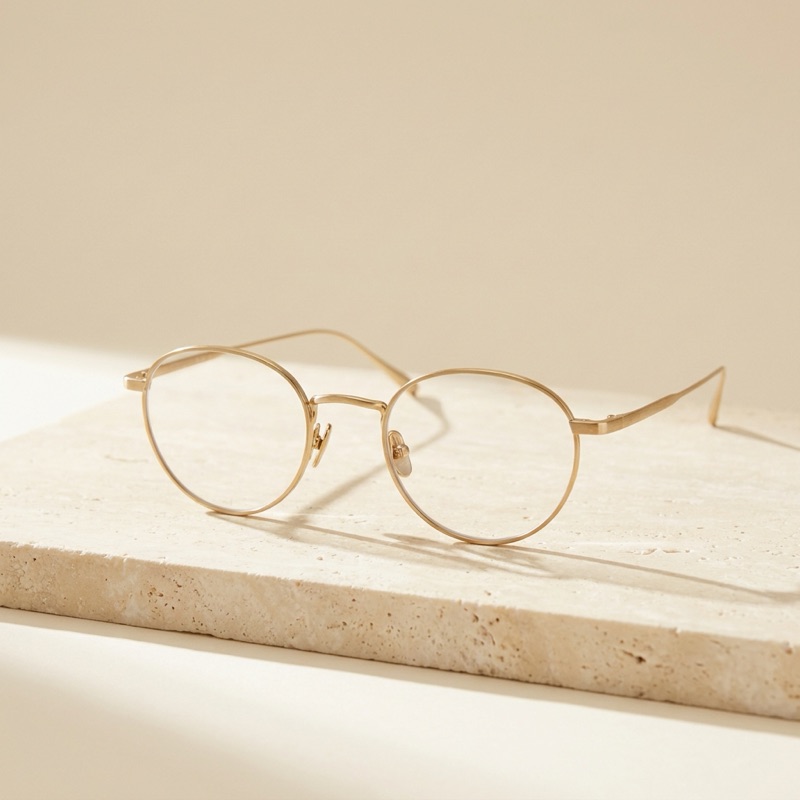 Round brushed-gold titanium wire frames.