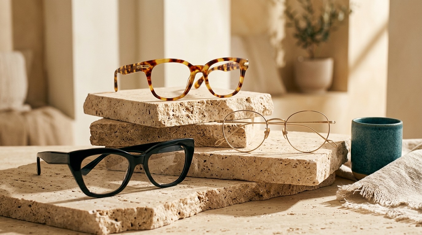 Three pairs of designer frames, tortoiseshell, gold titanium and black cat-eye, resting on travertine in warm afternoon light.